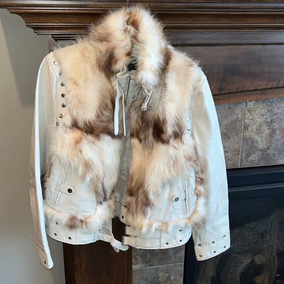 GORGEOUS Ivory genuine leather moto jacket coat fur trim studded sharif size L - Picture 4 of 17